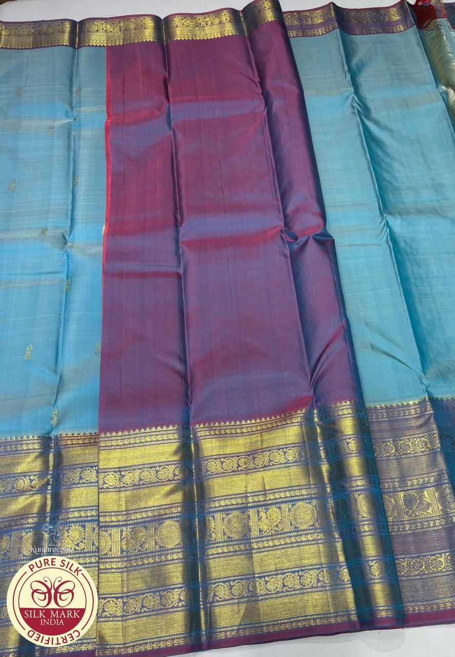 Dual shade Teal Blue with Purple Border Color Kanjivaram Pure Silk Saree