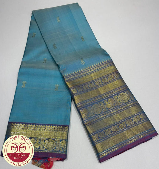 Dual shade Teal Blue with Purple Border Color Kanjivaram Pure Silk Saree