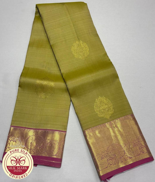 Dual-tone Olive Gold & Baby Pink Kanjivaram Pure Silk Saree