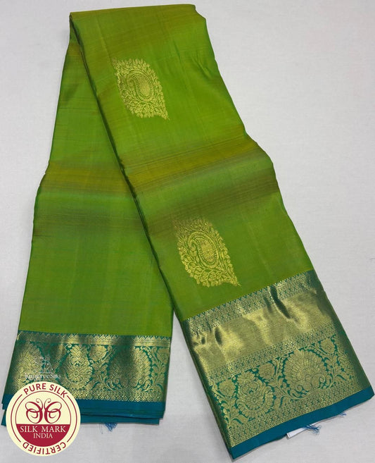Dual- Tone Lime Green & Teal Blue Kanjivaram Pure Silk Saree