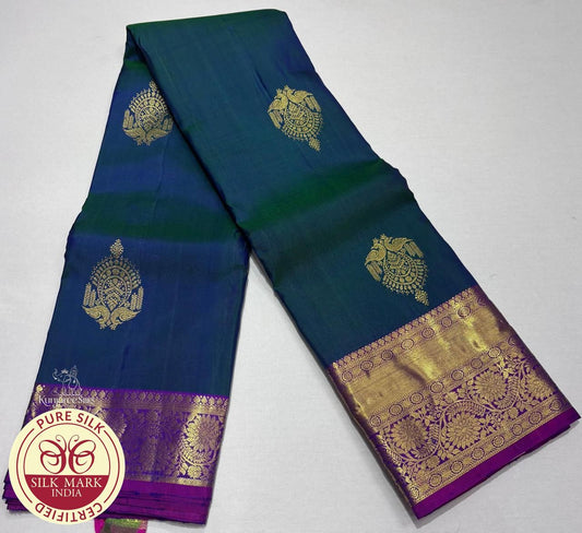 Dual Greenish Blue with Magenta Color Kanjivaram Pure Silk Saree