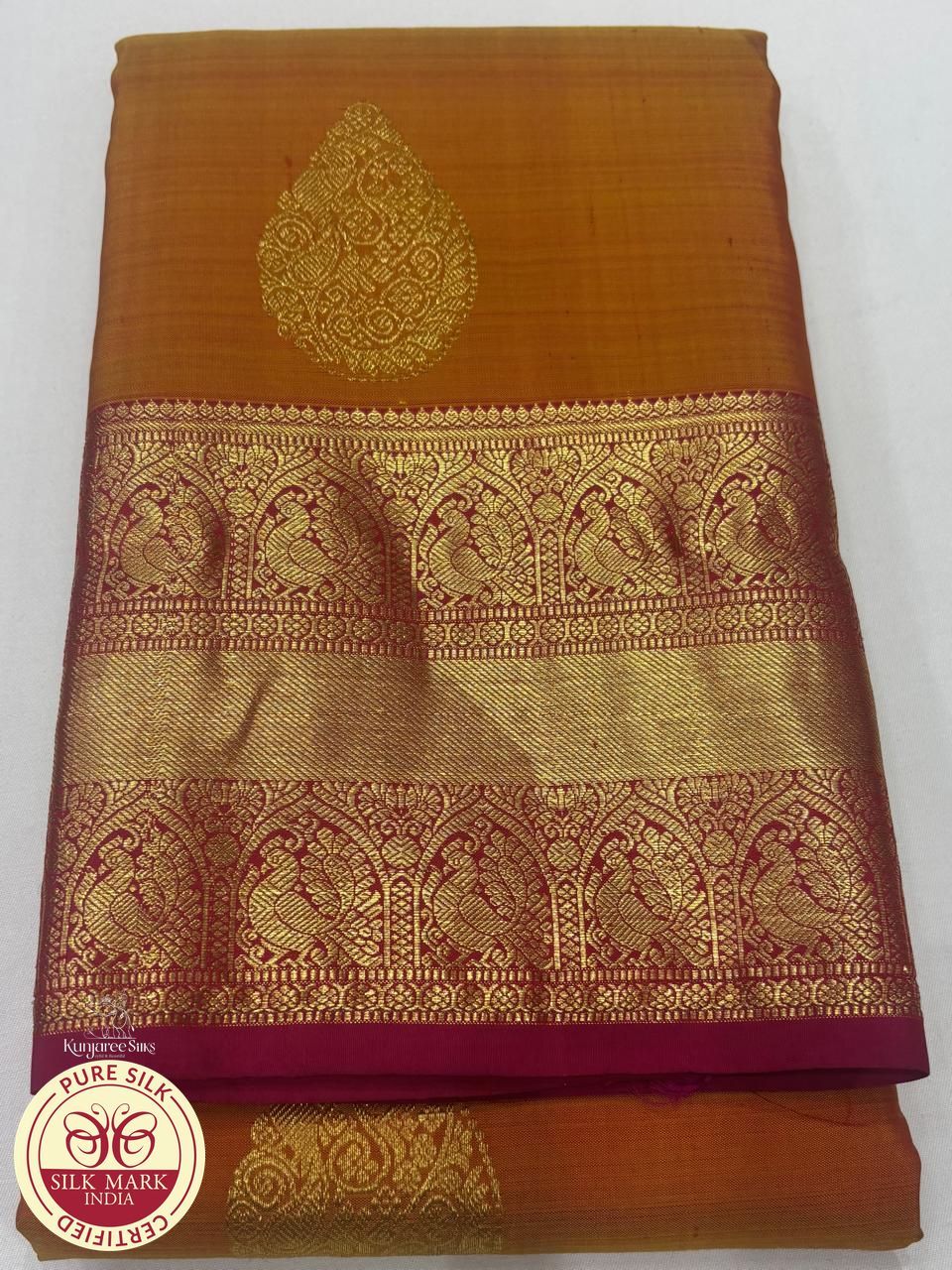 Dual-tone Brownish orange with Hot Pink Pure Silk Kanjivaram Saree