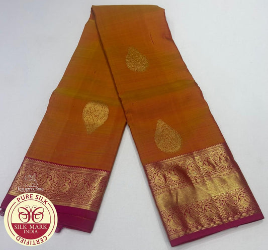 Dual-tone Brownish orange with Hot Pink Pure Silk Kanjivaram Saree