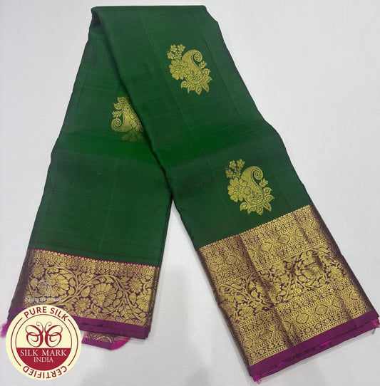 Bottle Green with Magenta Color Kanjivaram Pure Silk Saree