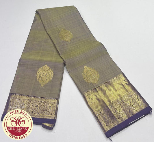 Dual-Tone Sap Grey with Purple Pure Silk Kanjivaram Saree
