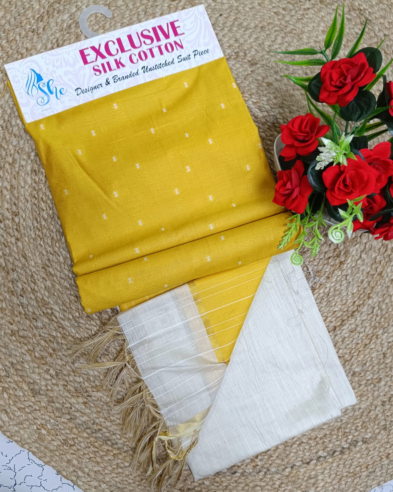 Sunshine Mustard Yellow Silk Cotton Suit Set with Ivory Bottom