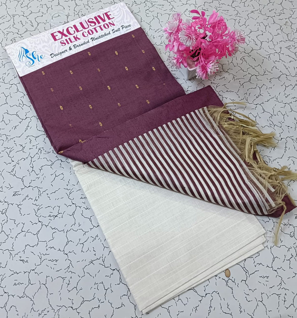 Wine with gold zari butta Silk Cotton Suit Set with Striped Dupatta & Off-White Salwar