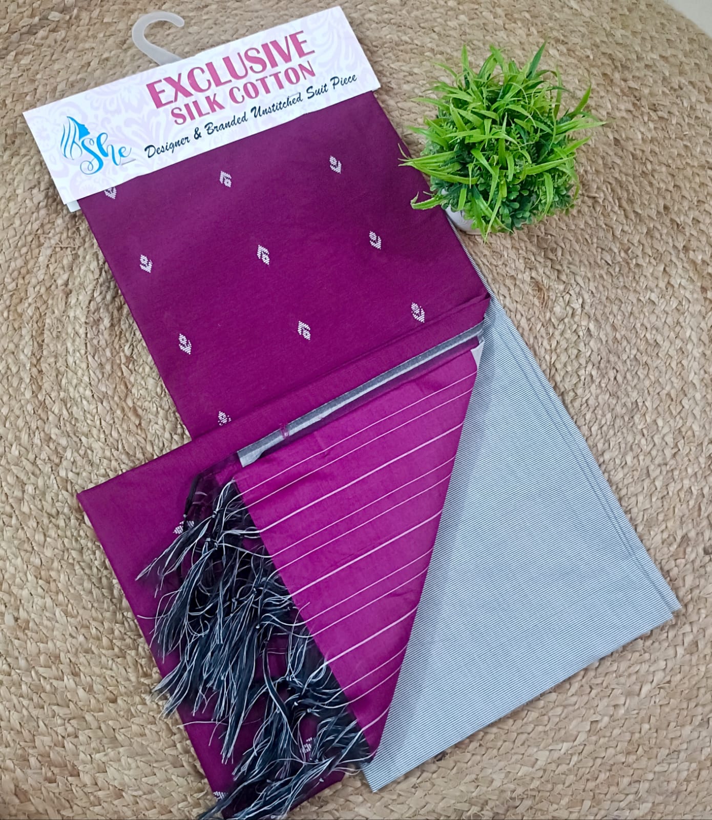 Rich Magenta Silk Cotton Suit Set with Striped Dupatta & Grey Salwar