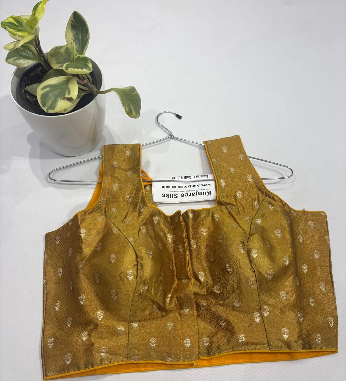 Mustard Gold Zari Butta Ready-Made Stretchable Blouse (32–42 Size) with Attached Sleeves