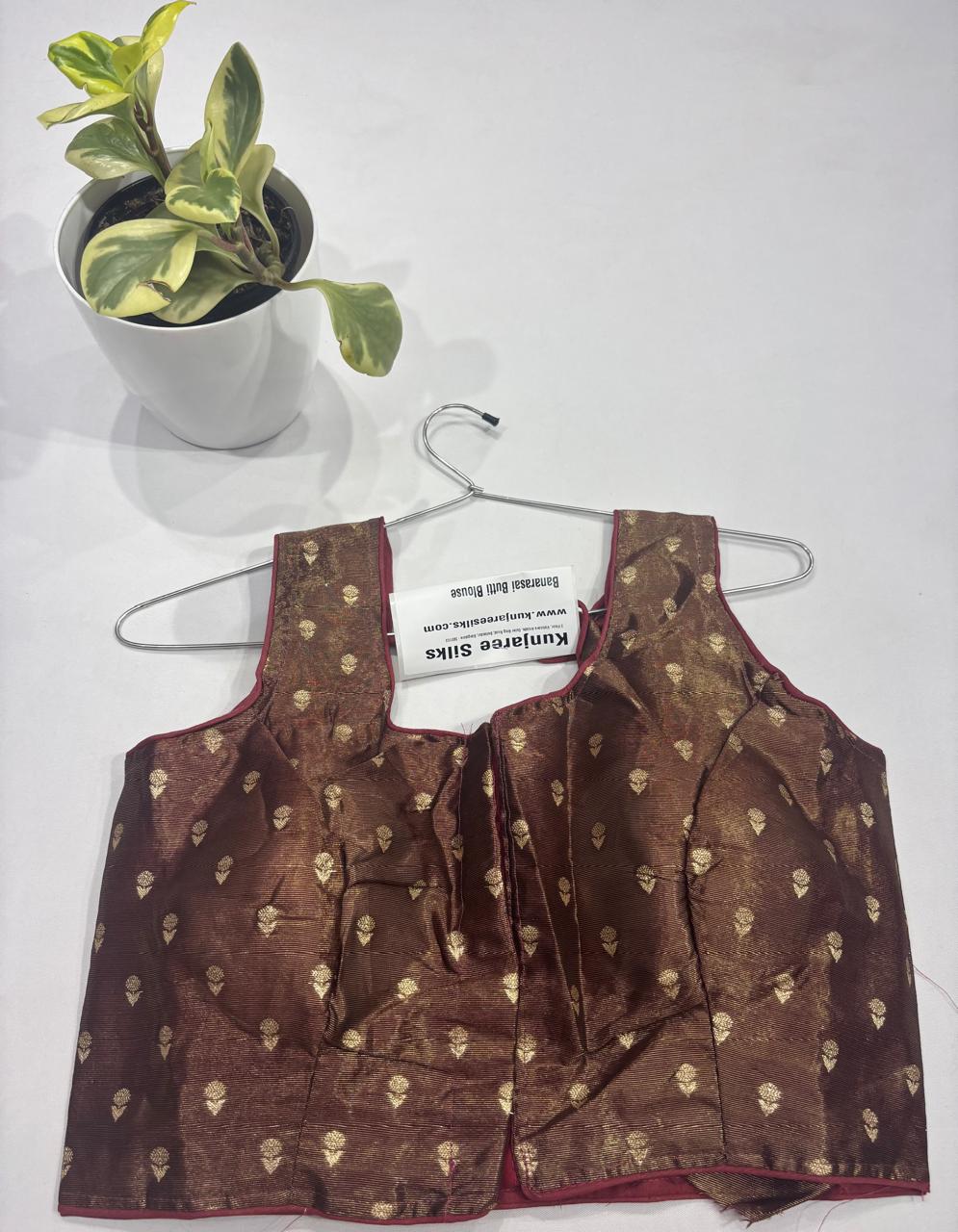 Coffee Brown Zari Butta Ready-Made Stretchable Blouse (32–42 Size) with Attached Sleeves