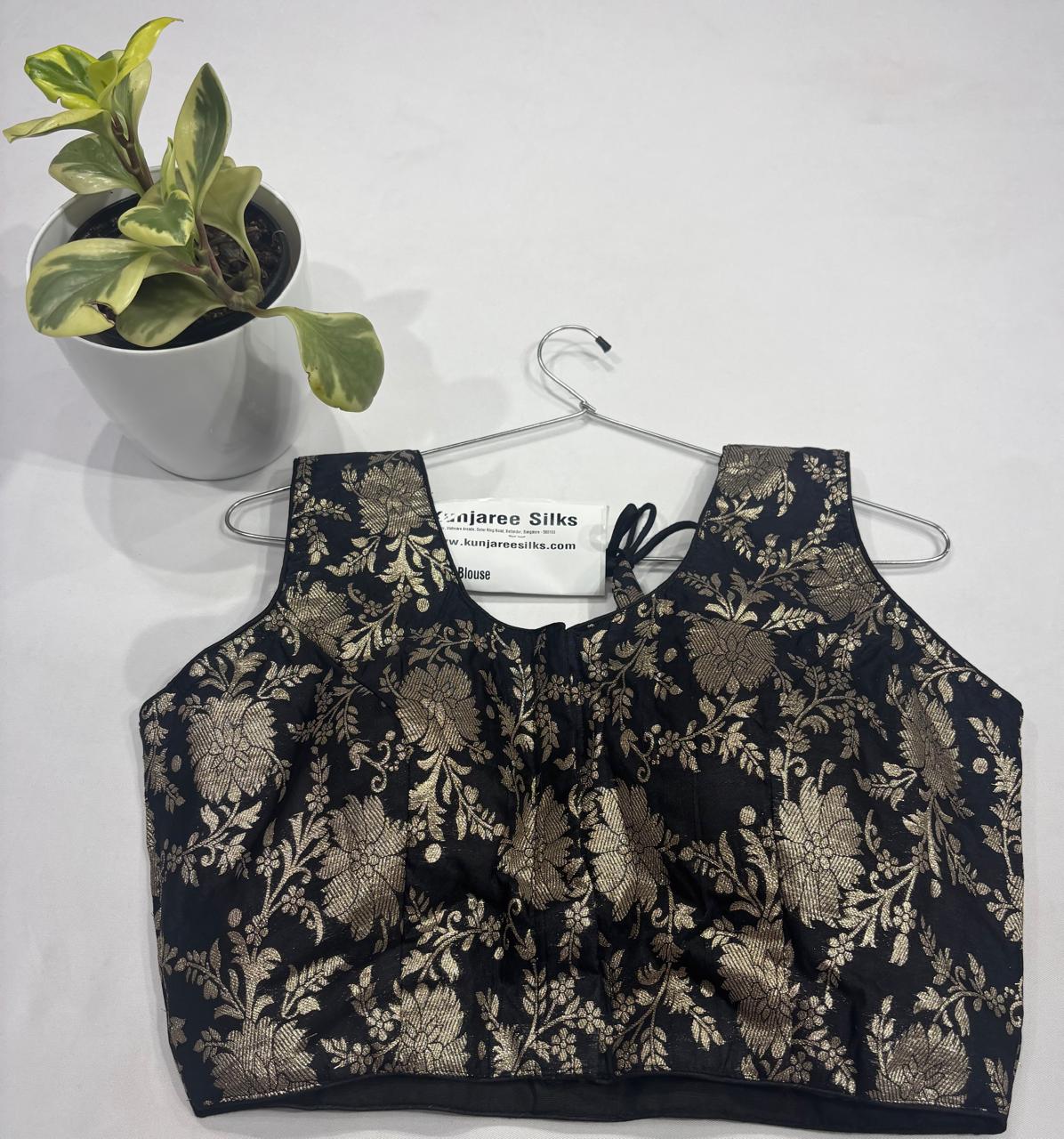 Black Banarasi Brocade Ready-Made Stretchable Blouse (32–42 Size) with Attached Sleeves