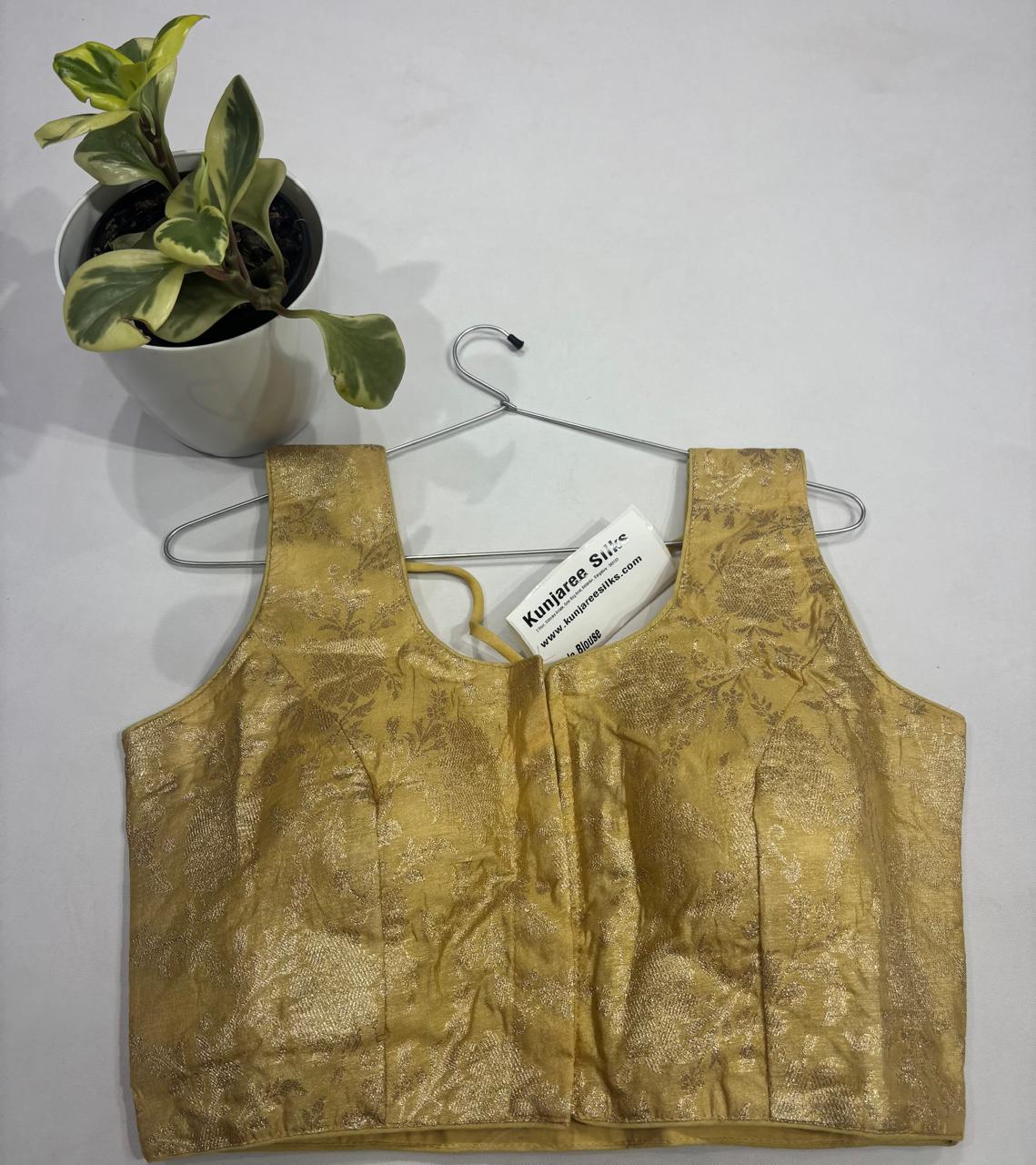 Gold Banarasi Brocade Ready-Made Stretchable Blouse (32–42 Size) with Attached Sleeves