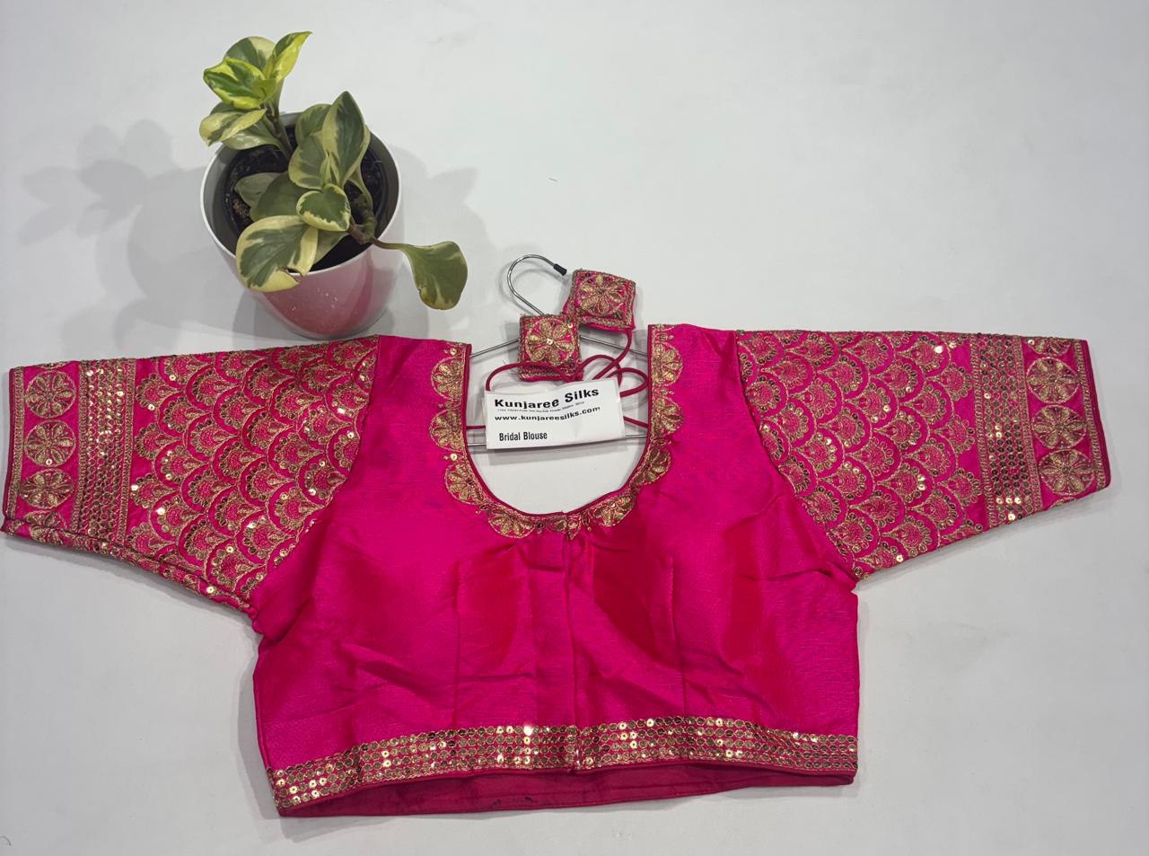 Rani Pink Bridal Readymade Blouse with Sleeves (32–42 Size Extendable)