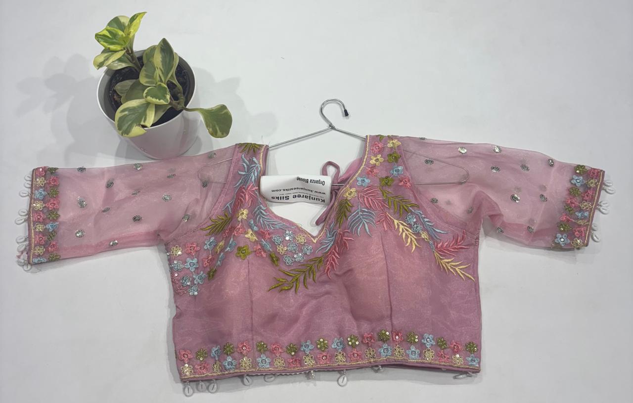 Dusty Pink Organza Bridal Readymade Blouse with Pastel Floral Embroidery Sleeves