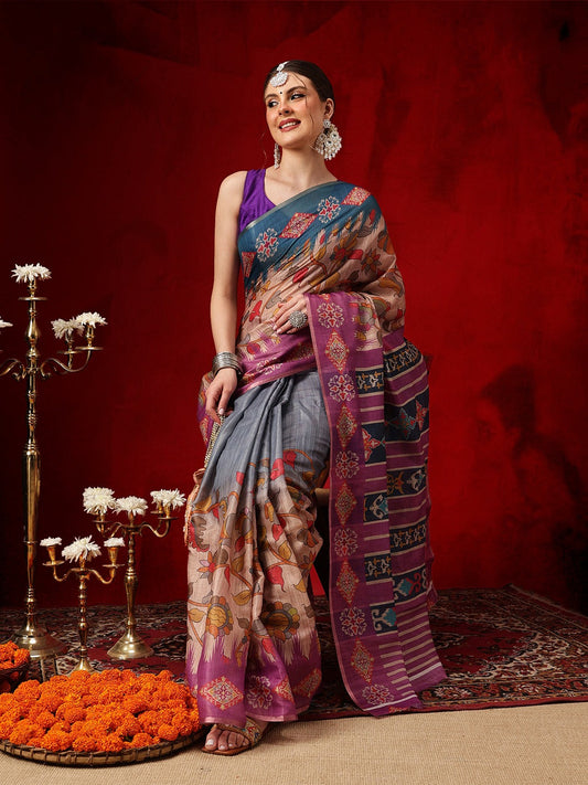 Elegant Grey Tissue Ready-to-Wear Saree with Artistic Floral Pall