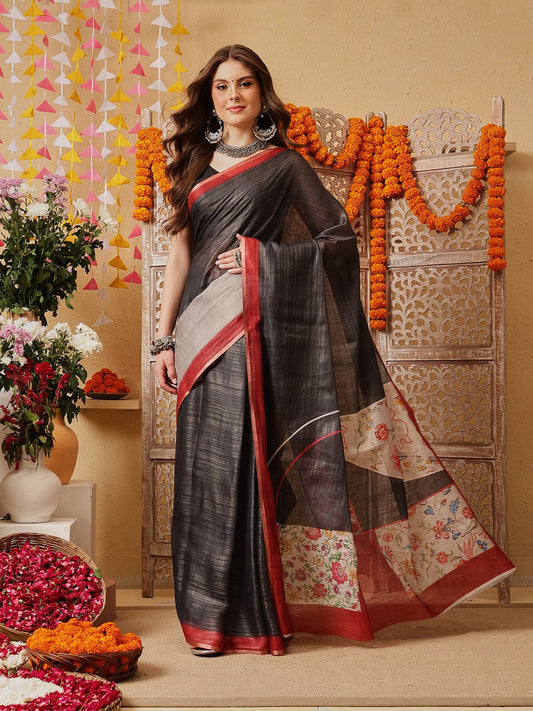 Elegant Charcoal Grey Tissue Ready-to-Wear Saree with Floral Printed Pallu