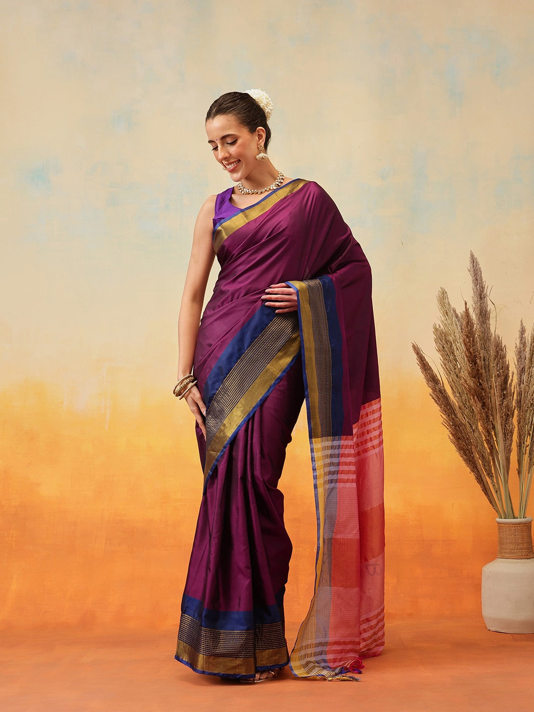 Elegant Wine Purple Ready-to-Wear Saree with Dual Tone Border