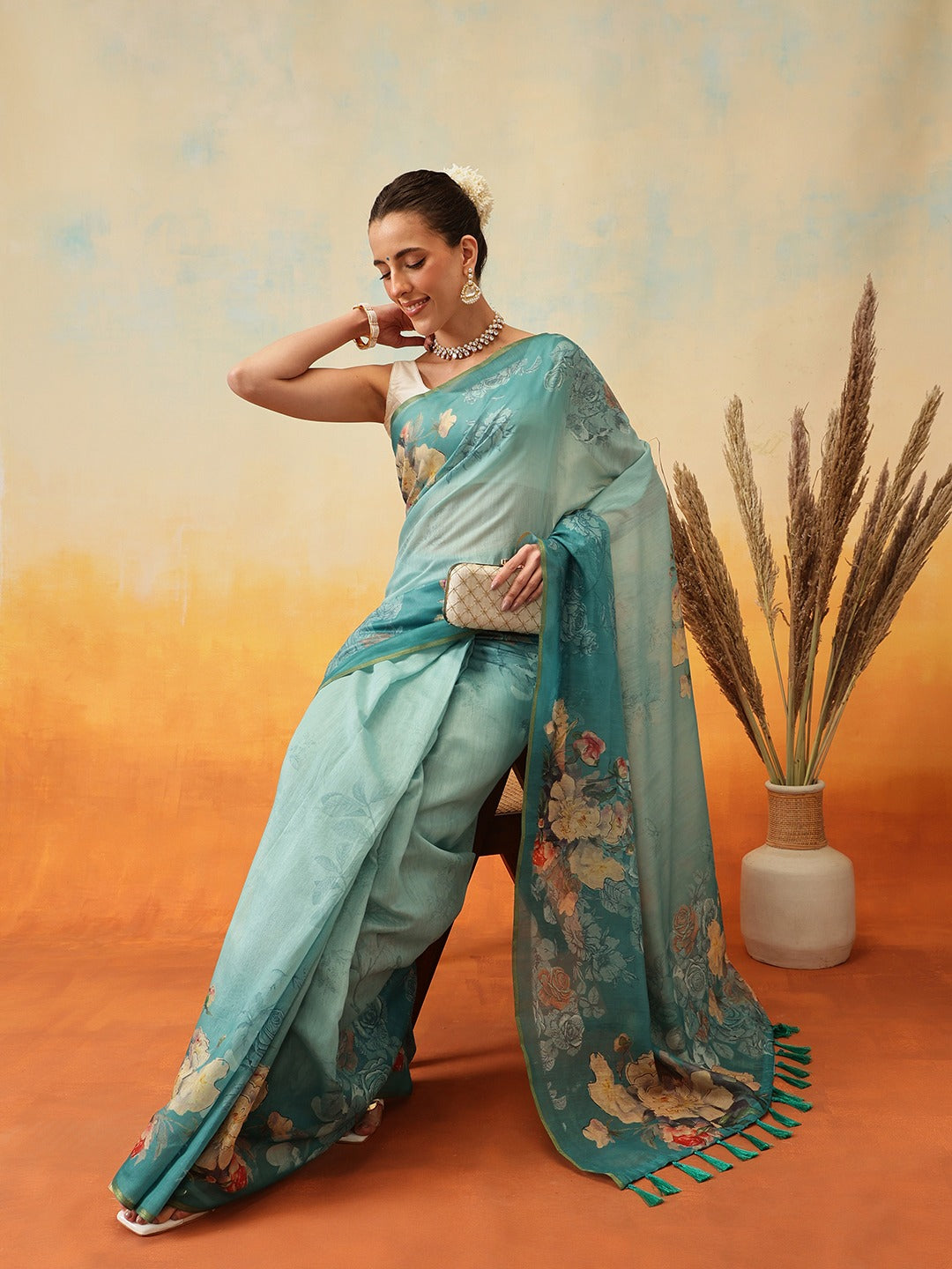 Elegant Sea Green Floral Ready-to-Wear Saree