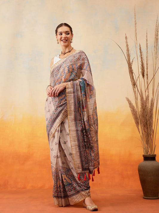 Elegant Beige Ready-to-Wear Saree with Kalamkari Border & Pallu