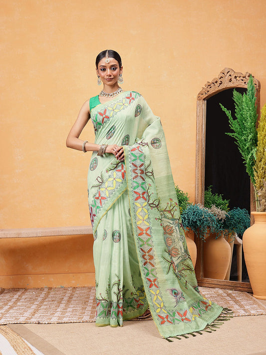 Elegant Pista Green Ready-to-Wear Saree with Kalamkari Border & Pallu