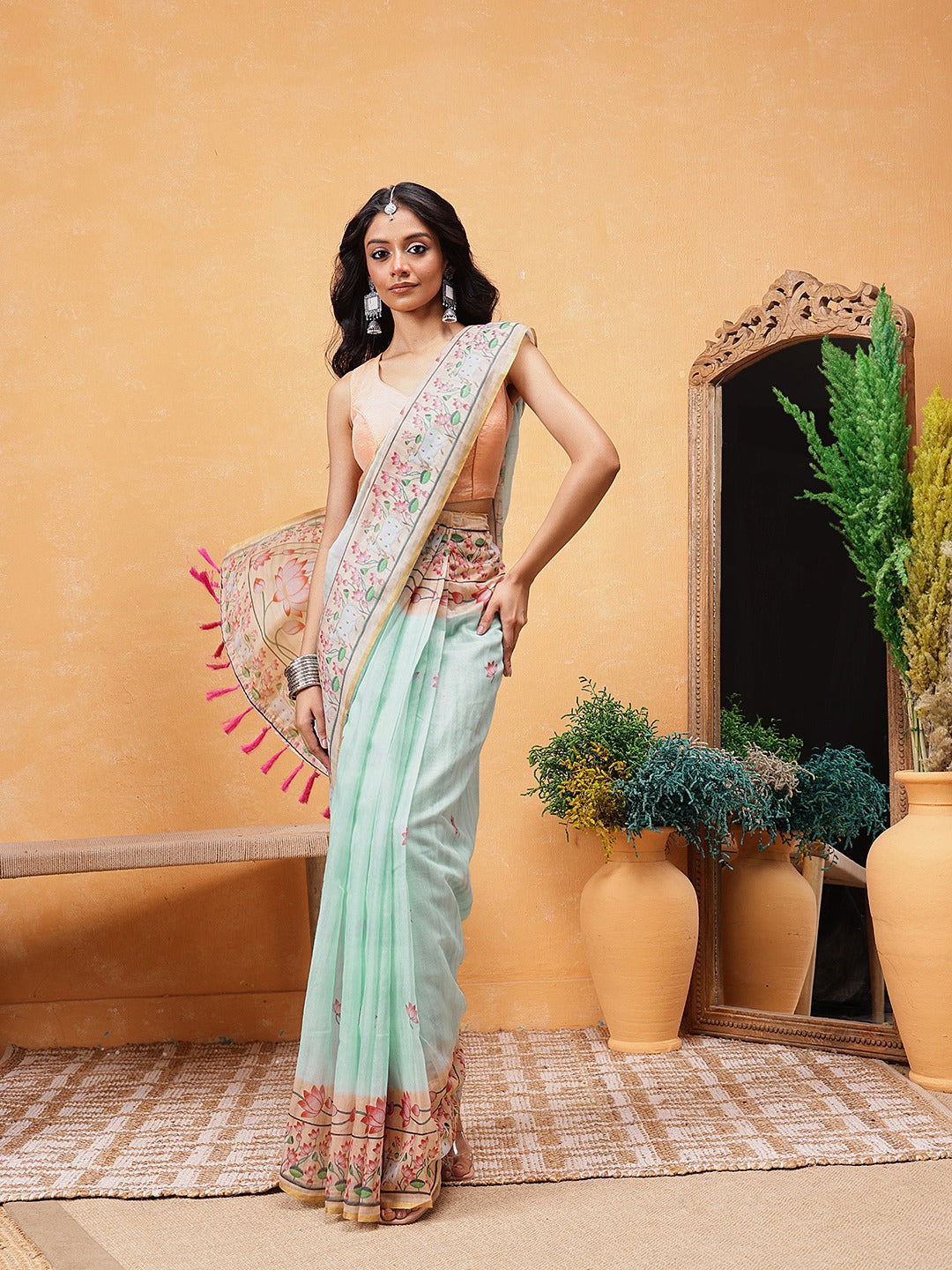 Elegant Mint Green Ready-to-Wear Saree with Floral Printed Pallu