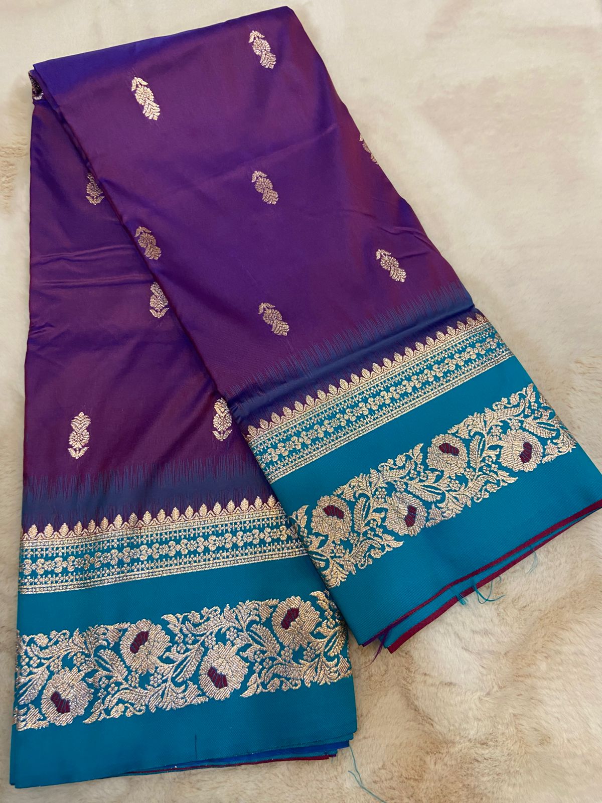 Royal Purple Soft Silk Saree with Peacock Blue Zari Border
