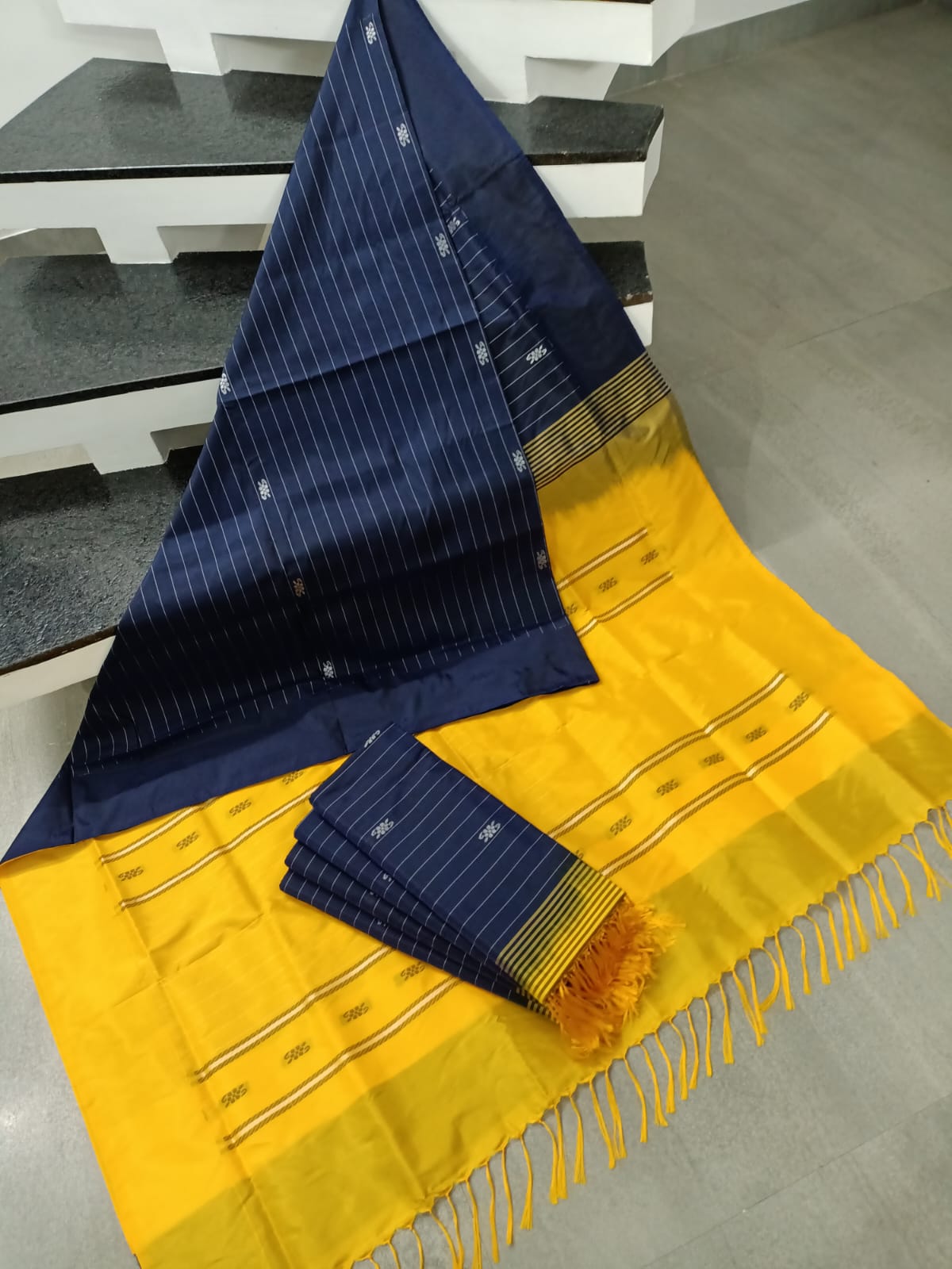 Navy Blue & Mustard Yellow Banana Silk Saree with Thread Butta and Stripes