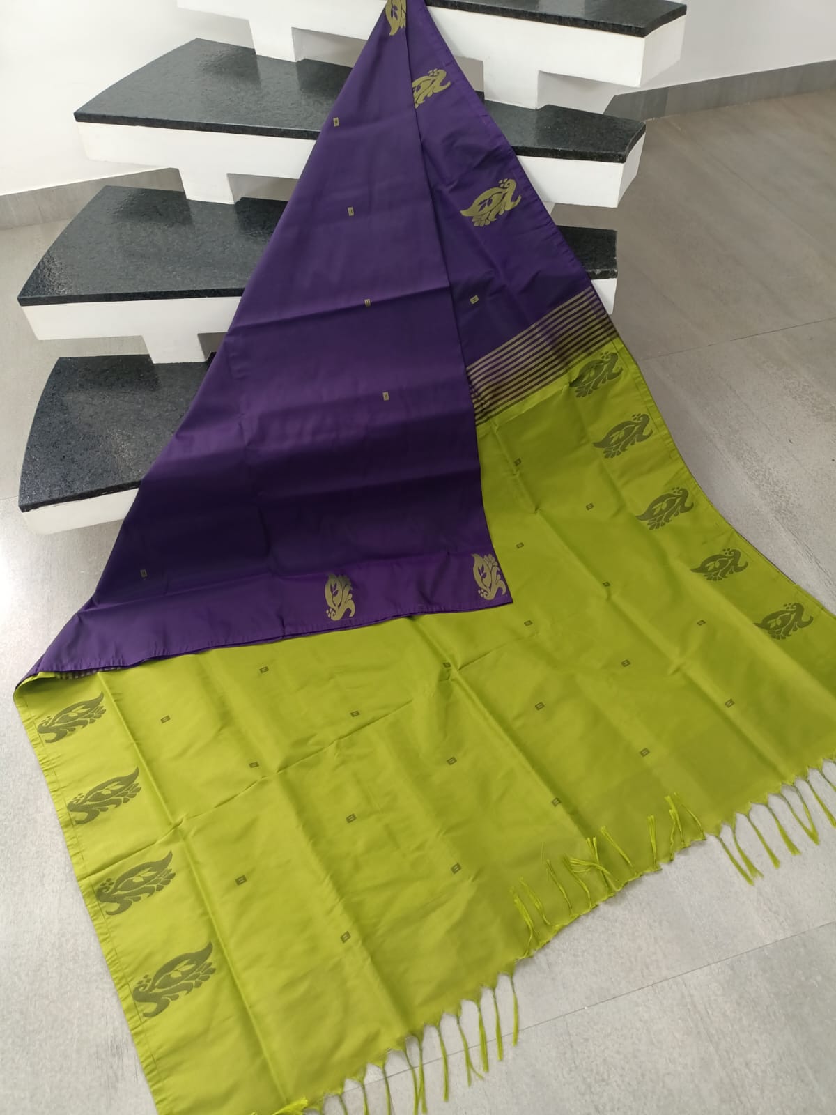 Royal Purple & Parrot Green Banana Silk Saree with Thread Buttas