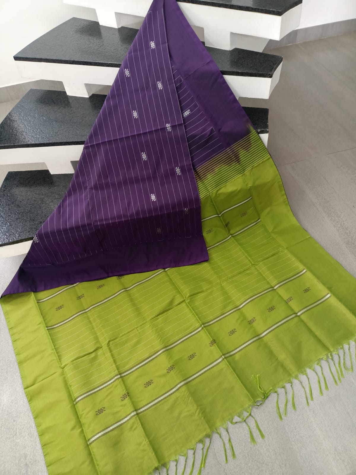 Royal Purple & Parrot Green Banana Silk Saree with Thread Stripes and Butta