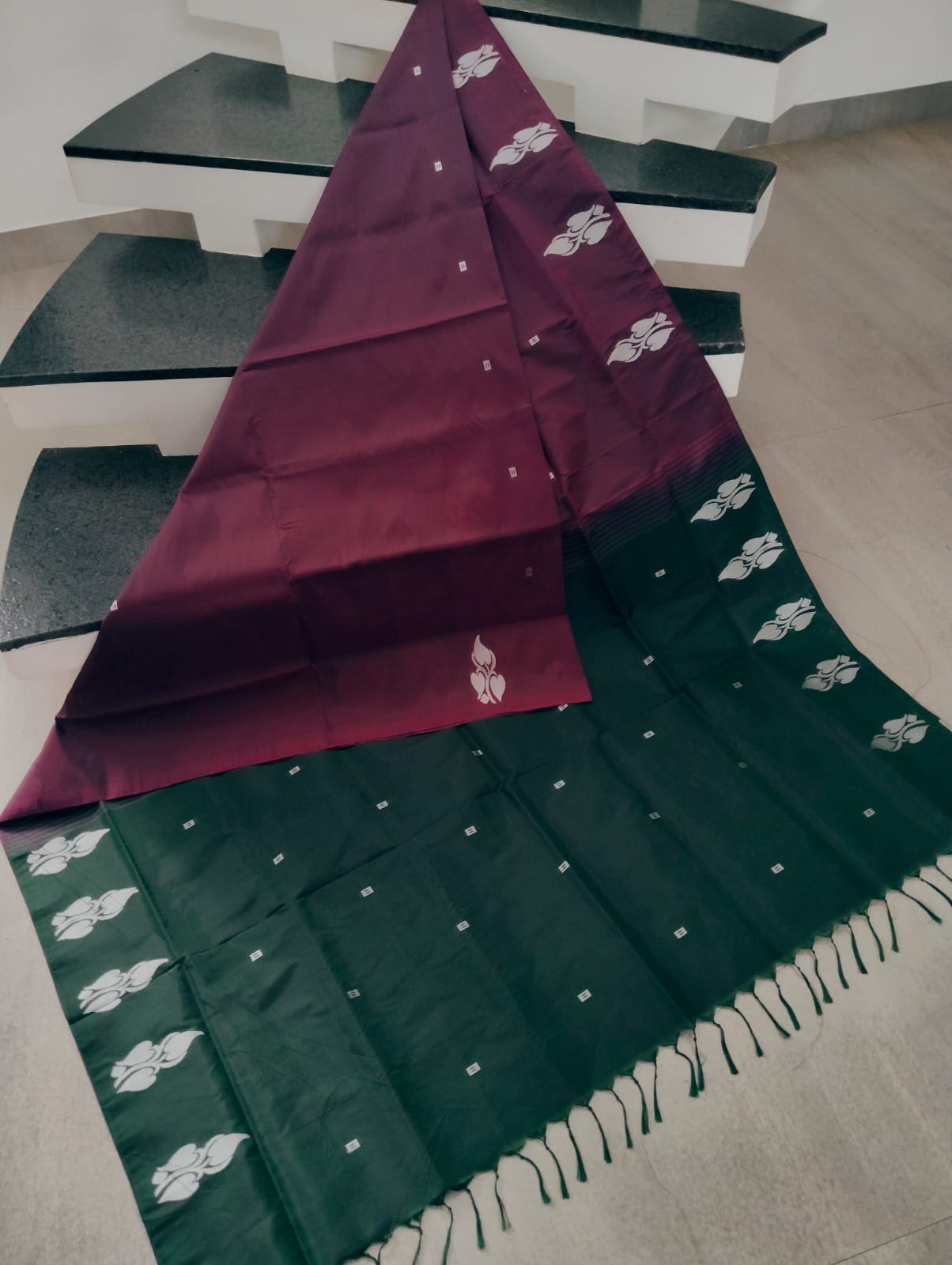 Wine Purple & Bottle Green Banana Silk Saree with White Thread Butta