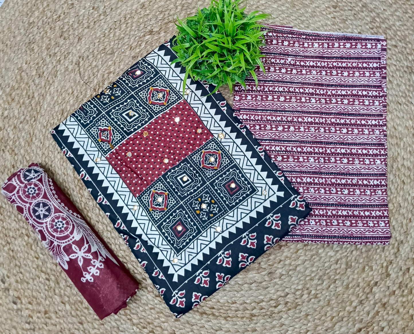 Classic Maroon & Black Geometric Printed Unstitched Salwar Suit with Dupatta