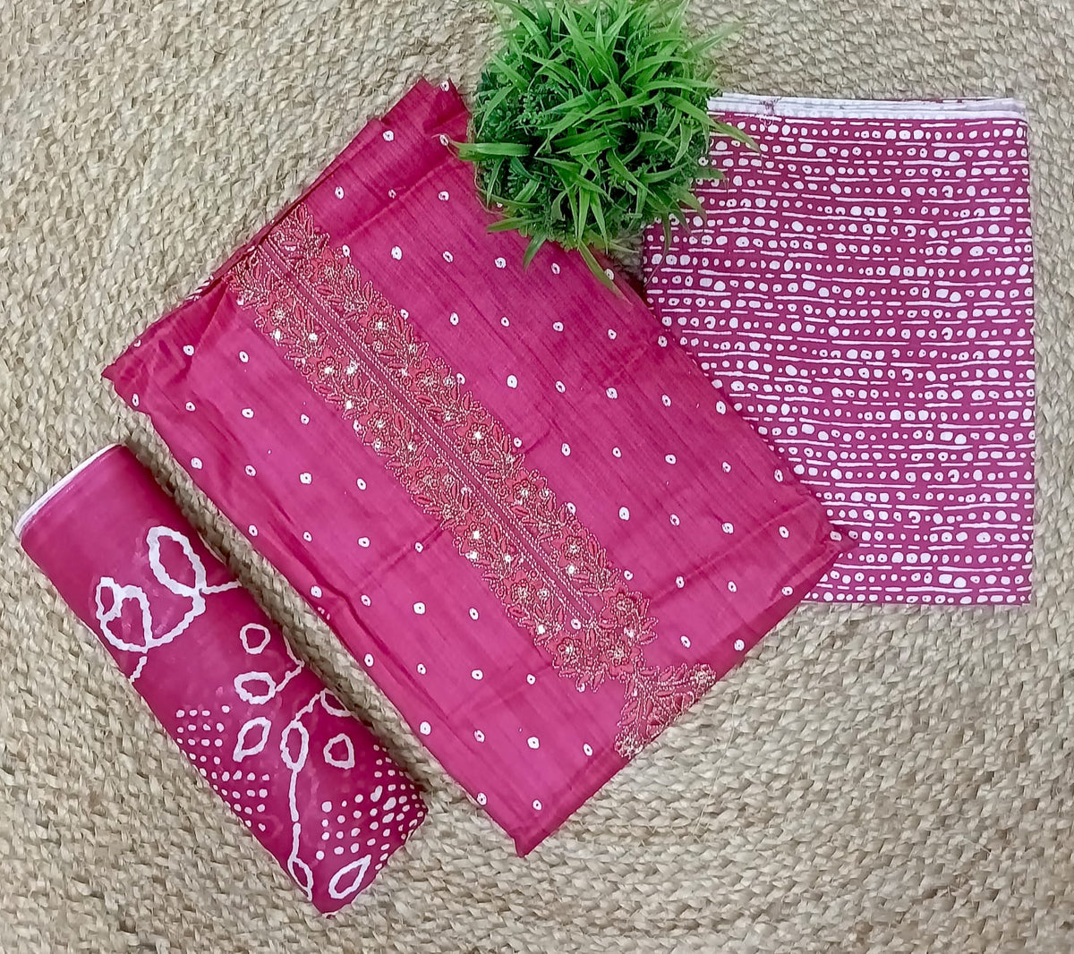 Elegant Rani Pink Embroidered Unstitched Salwar Suit with Printed Dupatta
