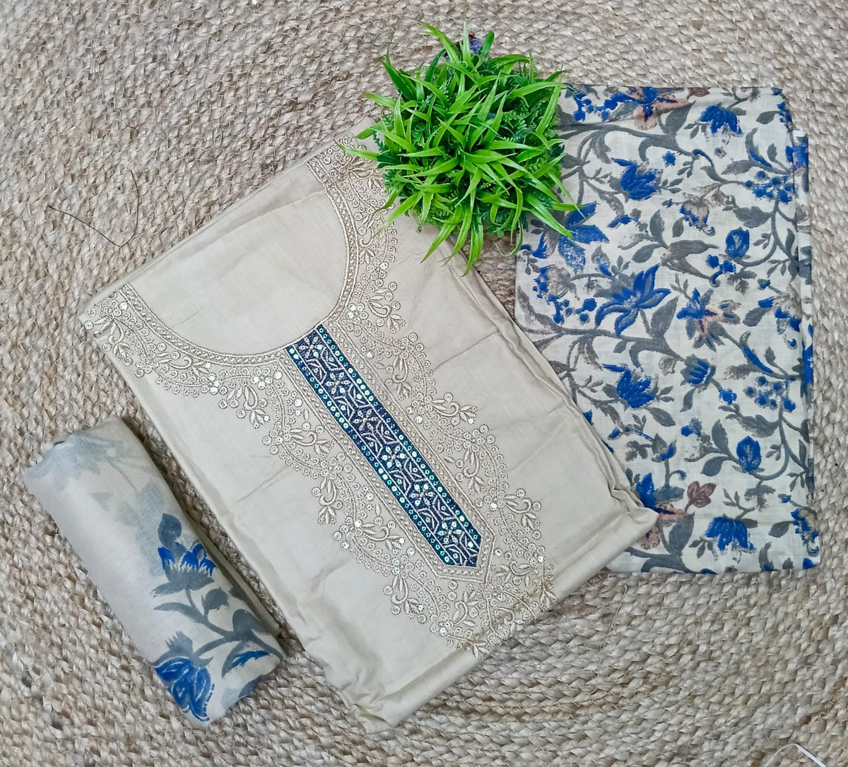 Elegant Cream & Blue Embroidered Unstitched Salwar Suit with Floral Dupatta