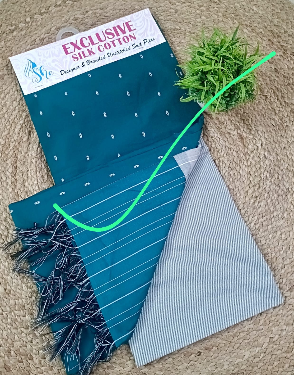 Elegant Teal Green Cotton Silk Unstitched Salwar Suit with Striped Dupatta