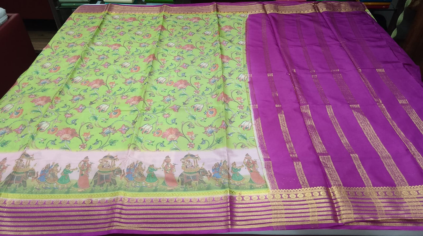 Mysore Silk Kalamkari Saree in Lime Green with Magenta Pallu & Gold Border