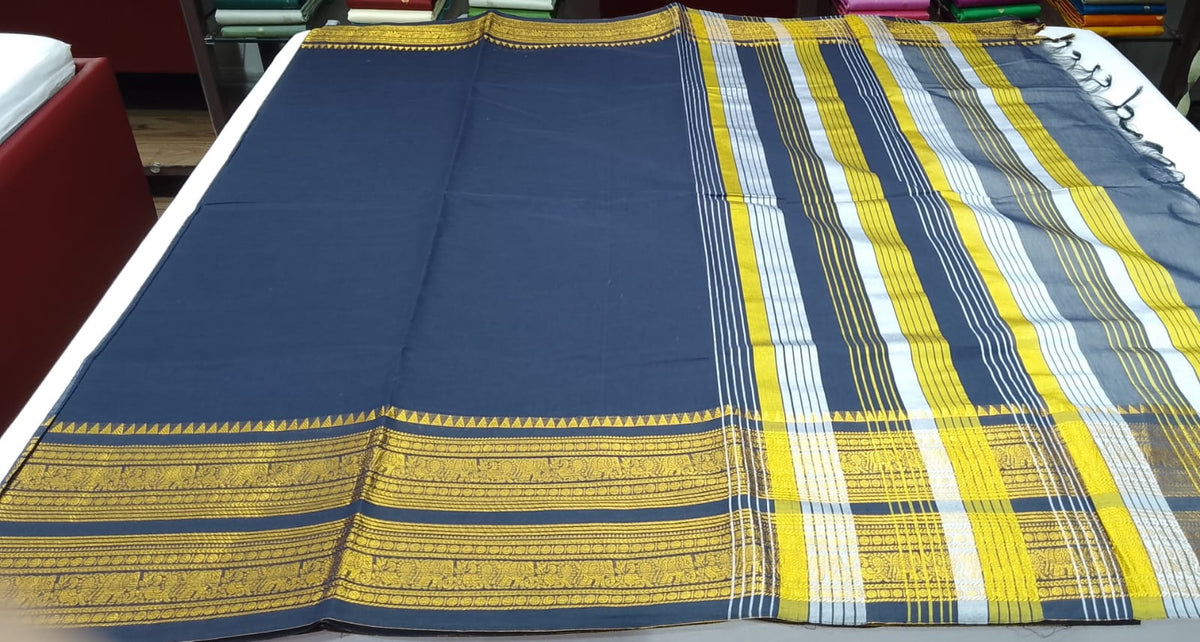 Pure Cotton Handloom Saree in Navy Blue with Gold Zari Border & Striped Pallu