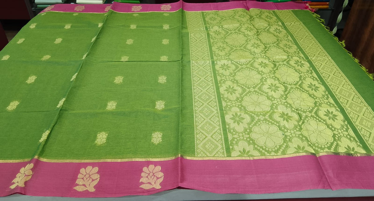 Leaf Green & Rani Pink Pure Cotton Handloom Saree with Gold Zari Floral Border