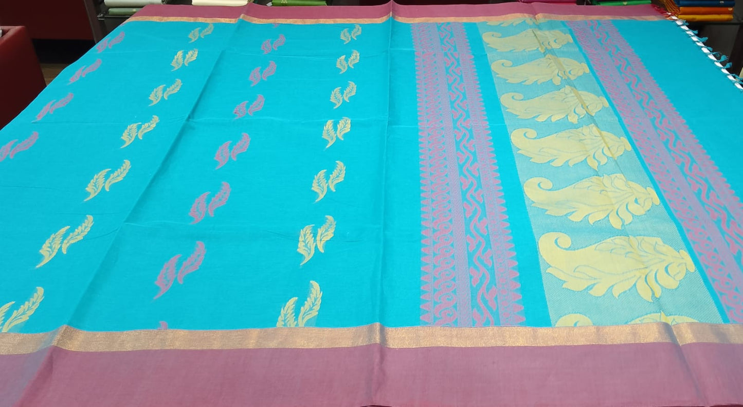 Turquoise Blue & Wine Pink Pure Cotton Handloom Saree with Dual-Tone Leaf Motifs