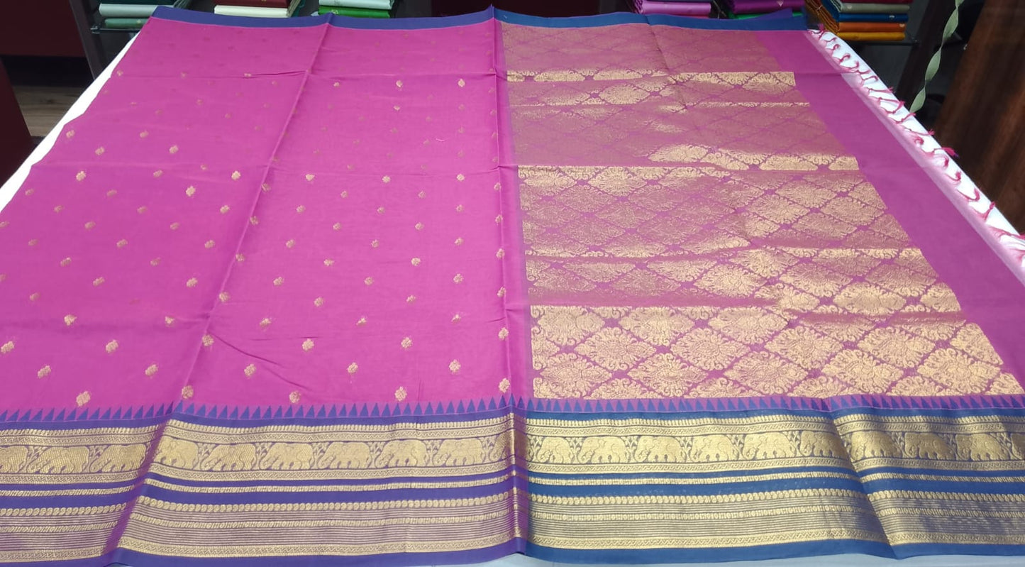 Royal Rani Pink & Blue Pure Cotton Handloom Saree with Elephant Zari Border