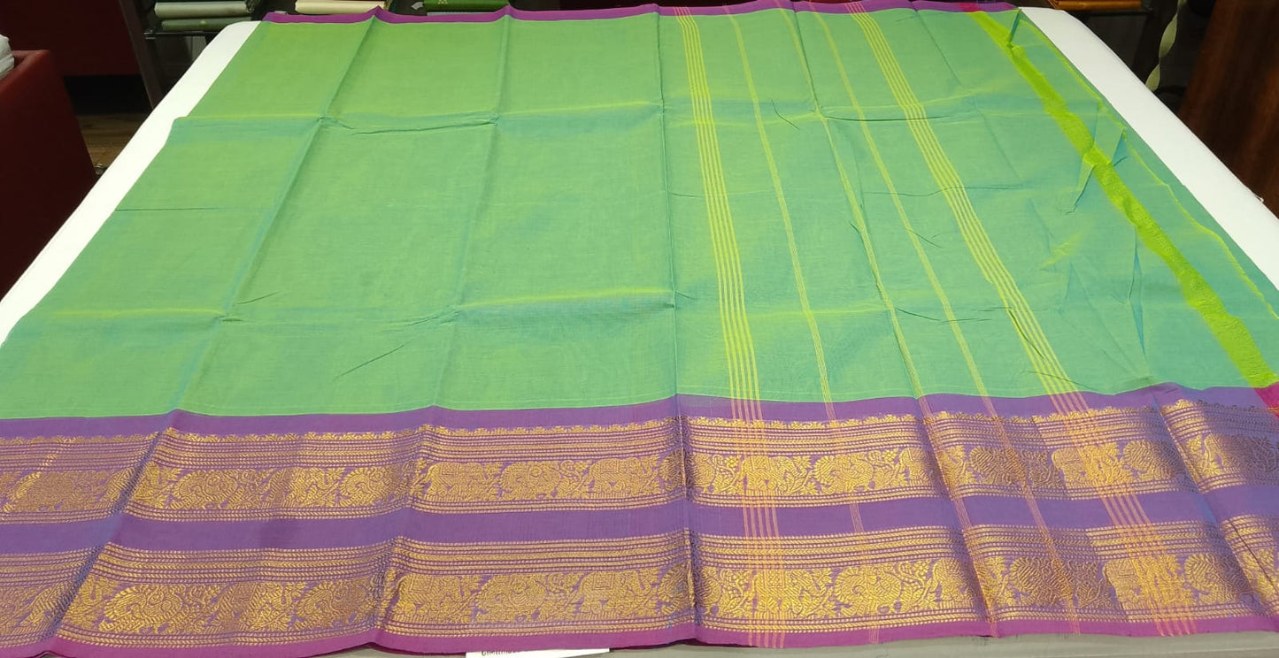Chettinad Cotton Handloom Saree in Pastel Green with Purple Zari Border