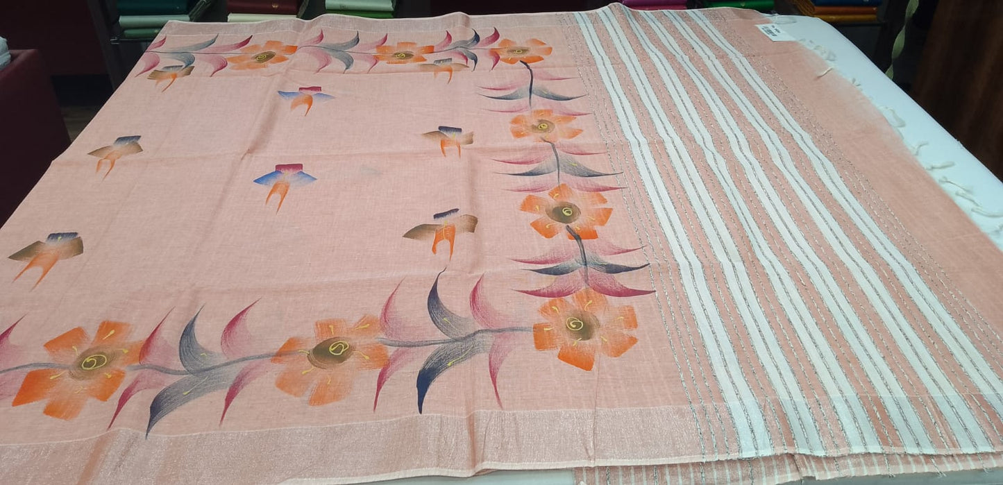 Jute Cotton Oil Paint Saree in Blush Peach with Artistic Floral Design