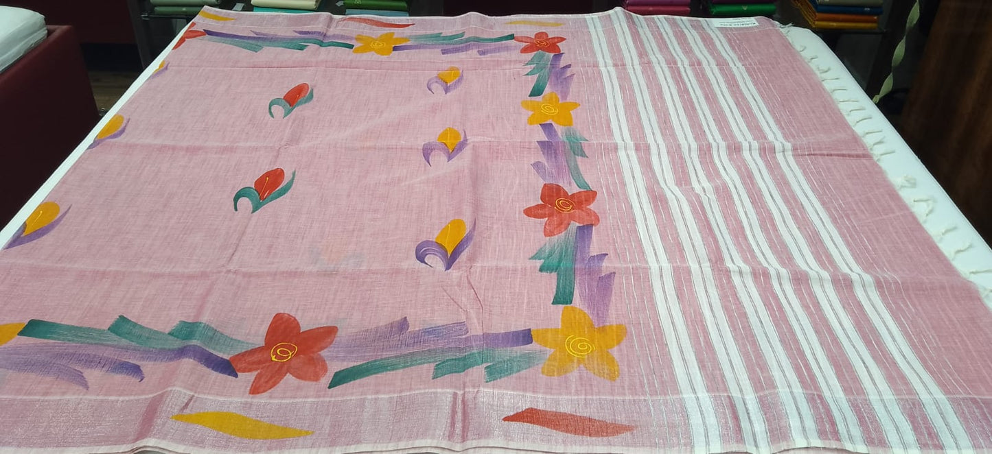 Elegant Pastel Pink Jute Cotton Saree with Artistic Floral Oil Paint Design
