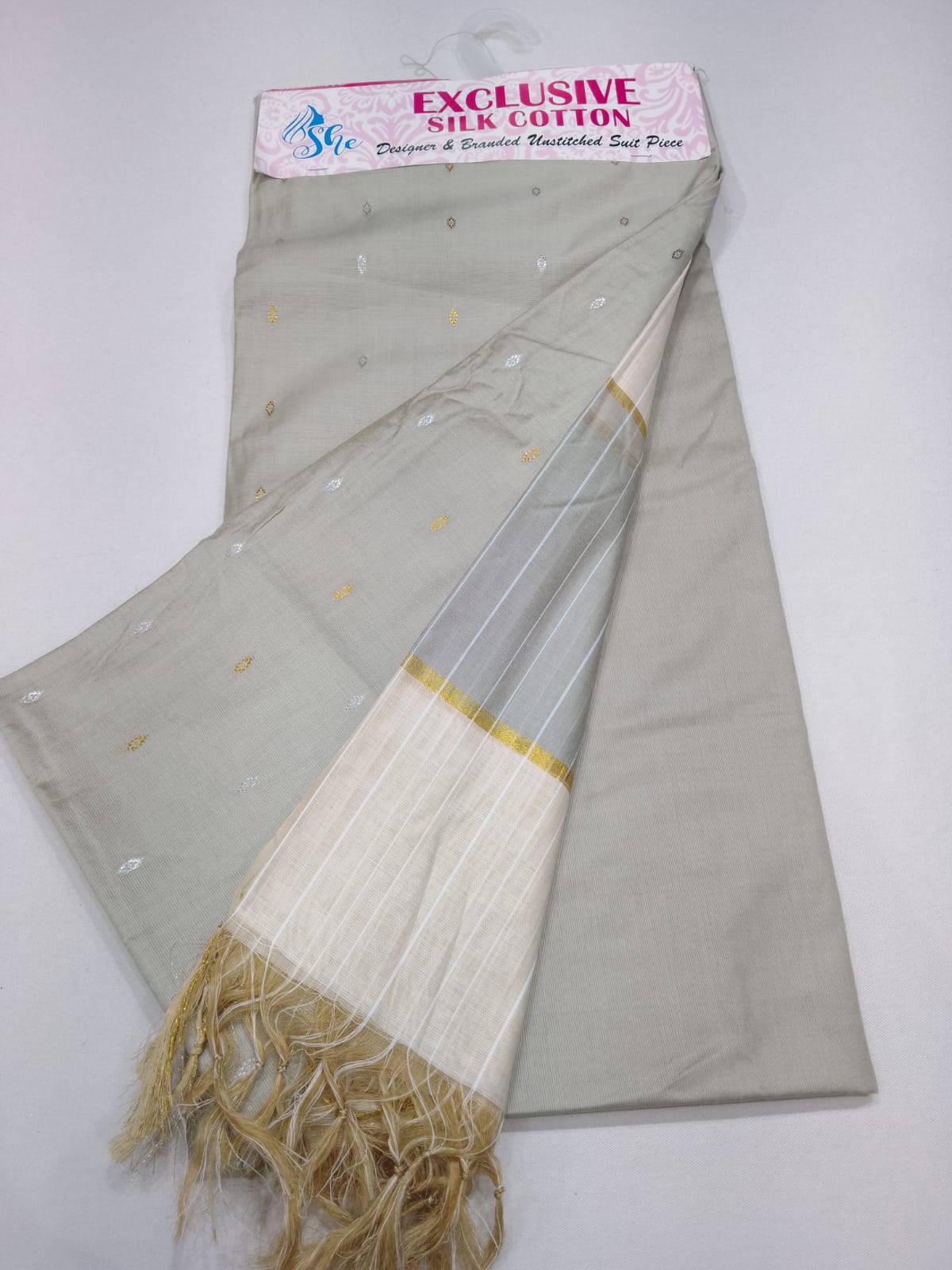 Elegant Pearl Grey & Ivory Cotton Silk 3PC Salwar Suit Dress Material with Woven Buttas