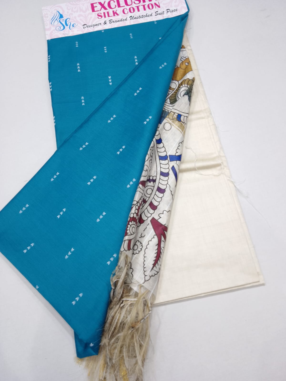 Royal Peacock Blue Cotton Silk Salwar Suit with Kalamkari Dupatta – 3PC Dress Material