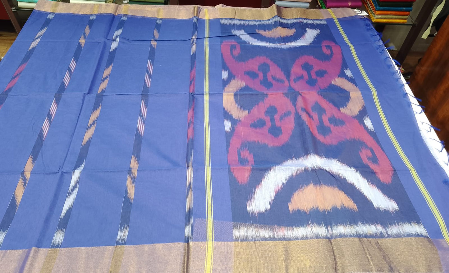 Cotton Silk Saree in Royal Blue with Traditional Ikat Design Pallu