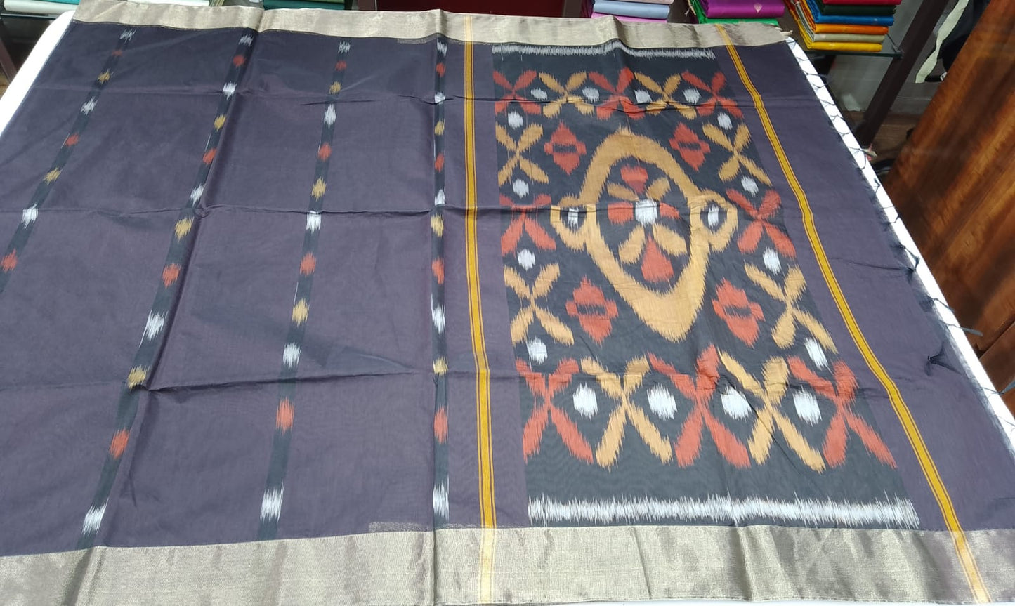 Cotton Silk Pochampally Saree in Deep Navy Blue with Traditional Ikat Pallu