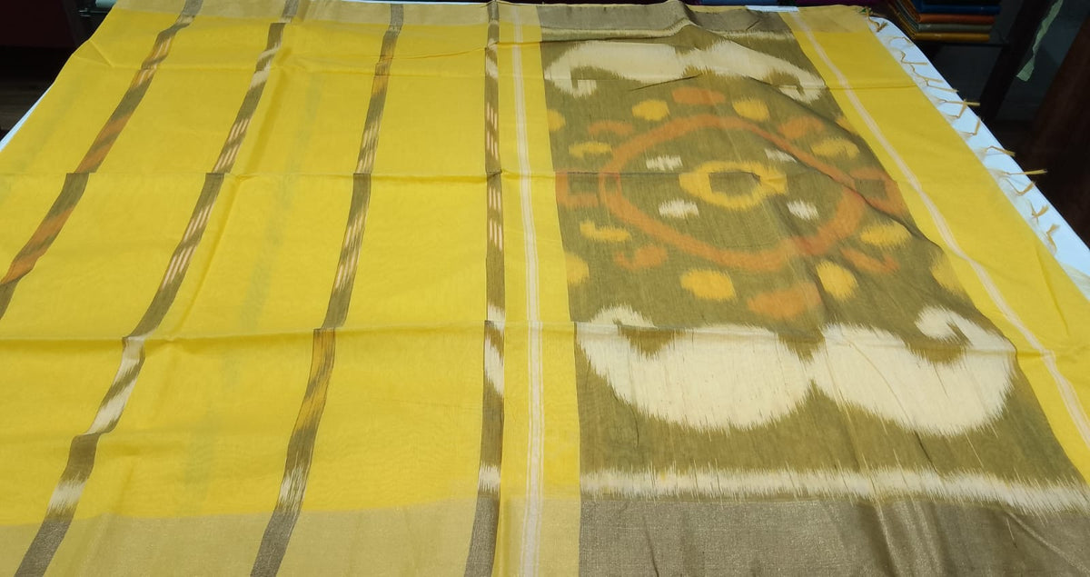 Cotton Silk Pochampally Ikat Saree in Sunshine Yellow with Designer Ikat Pallu