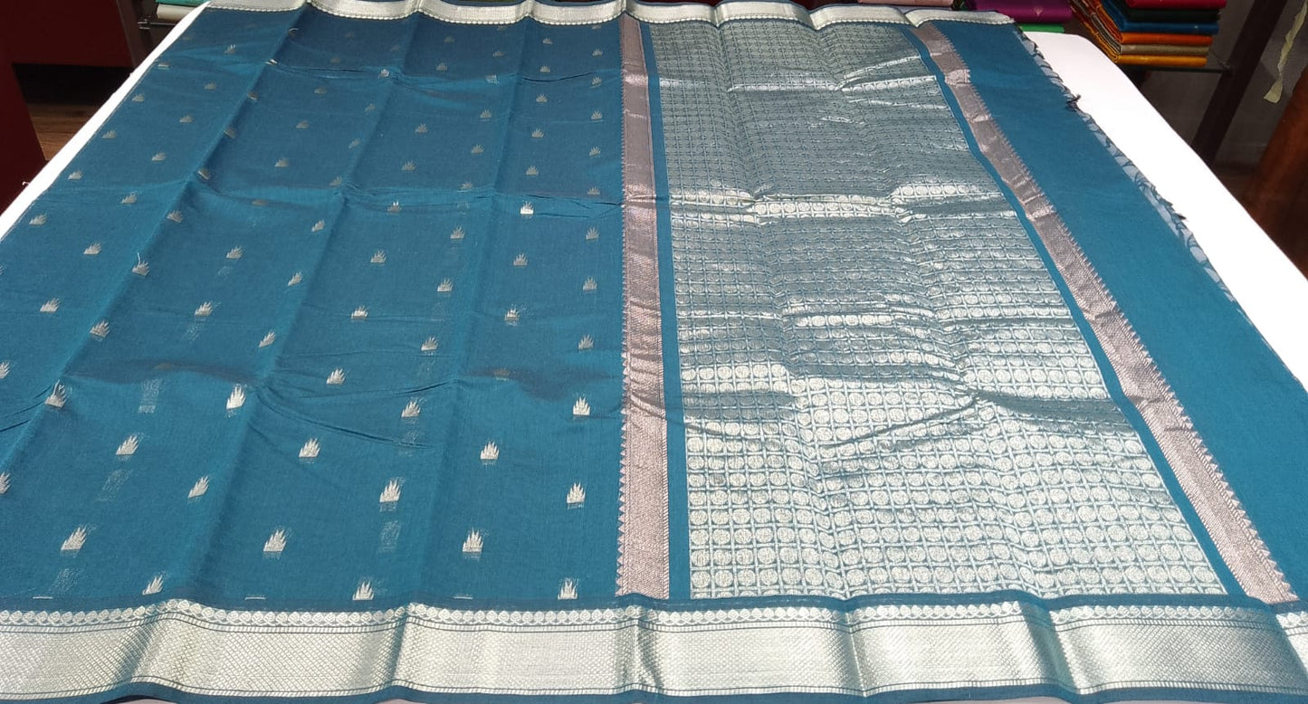 Handloom Silk Cotton Saree in Peacock Blue with Silver Zari Buttas & Grand Pallu