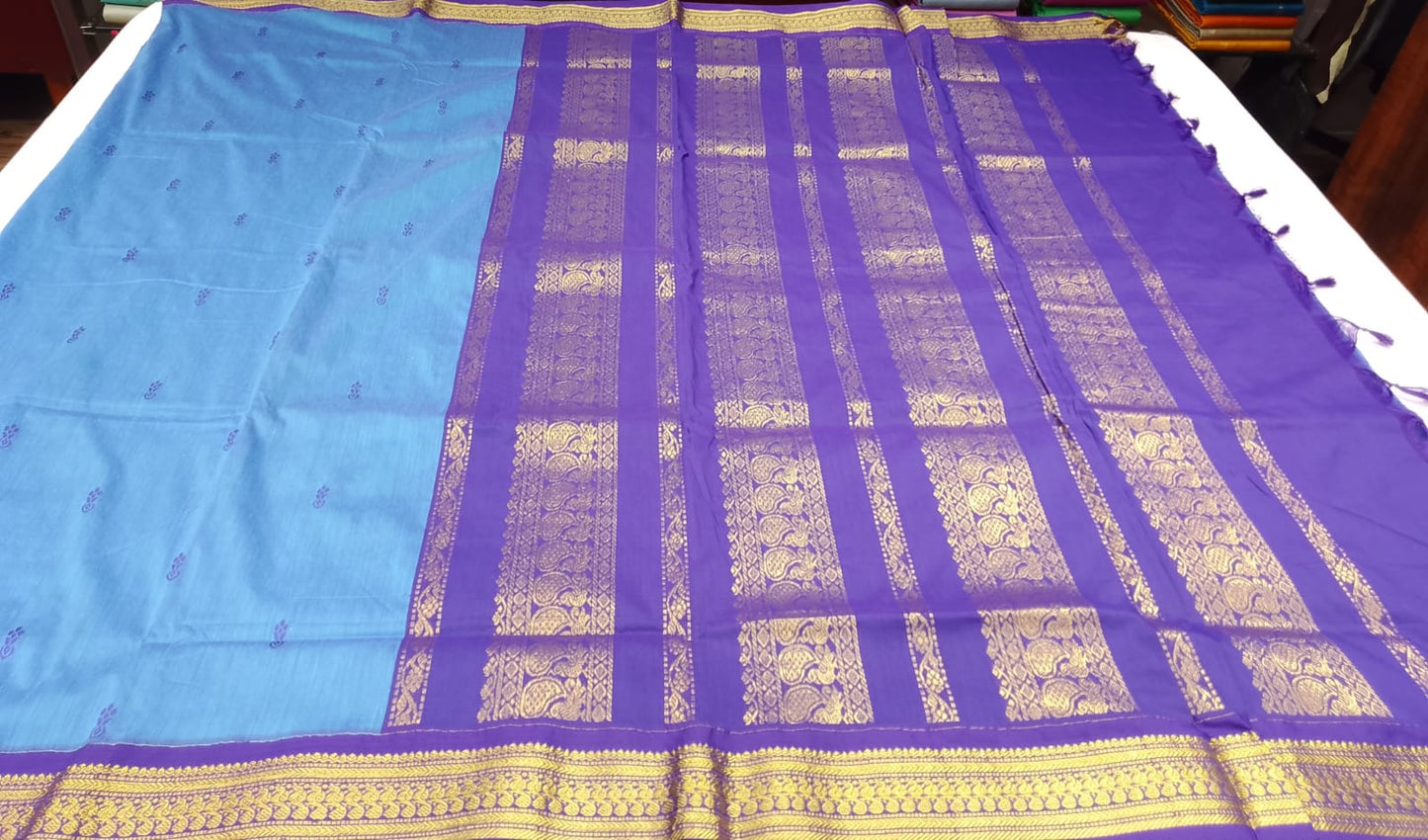 Kalyani Cotton Saree in Sky Blue with Royal Purple Zari Border & Rich Pallu