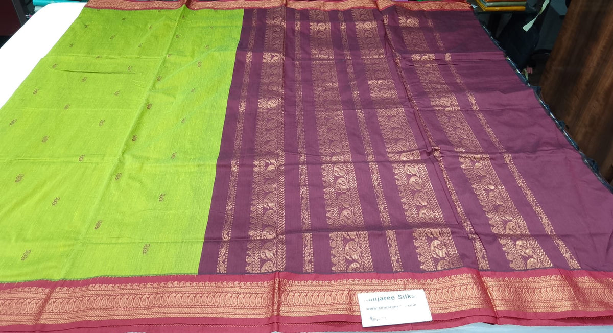 Kalyani Cotton Saree in Parrot Green with Wine Purple Zari Pallu